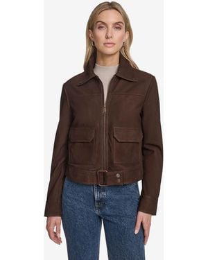 Andrew Marc Lunetta Sueded Leather Trucker Jacket - Brown