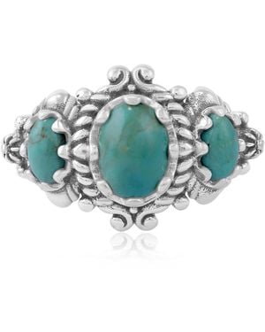 American West Jewelry Sterling Silver Green Turquoise 3-stone Oval Scalloped Bezel Ring - Blue