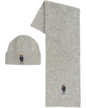Polo Ralph Lauren Flag Bear Beanie And Scarf - Gray