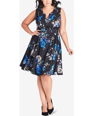 City Chic Trendy Plus Size Floral-print Sleeveless A-line Dress - Blue