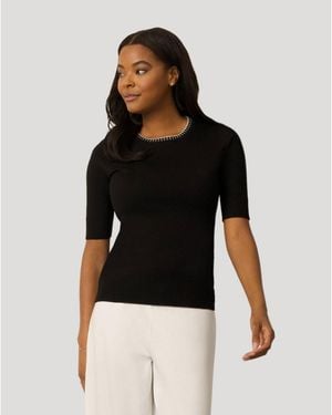 Cable & Gauge Elbow Sleeve Pick Stitch Trim Sweater - Black
