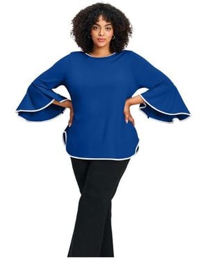 Avenue Plus Size Ivana Contrast Bell Sleeve Top - Blue