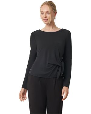 Cable & Gauge Side-tie Long-sleeve Crewneck Knit Top - Black