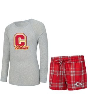Concepts Sport 2-piece Heather Gray/red Kansas City Chiefs Regulate Plaid Long-sleeve T-shirt And Shorts Sleep Set - White