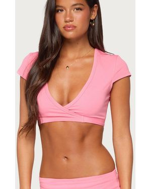 Edikted Laverne Wrap V-neck Short-sleeve Crop Top - Red