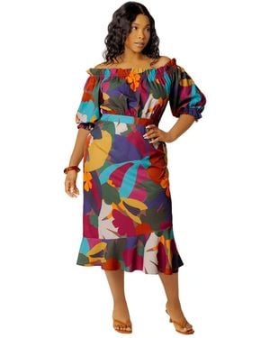 Buxom Couture Plus Size Off-the-shoulder Puff-sleeve Floral-print Midi Dress - Red