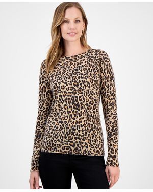 Charter Club Petite Cashmere Leopard-print Sweater - Brown