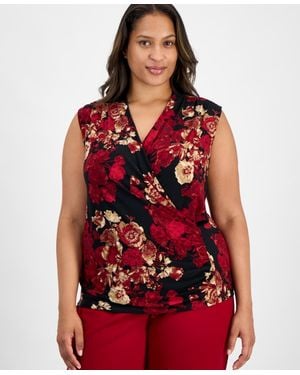 Anne Klein Plus Size Printed Sleeveless Faux-wrap Top - Red