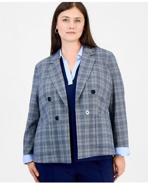 Jones New York Plus Size Faux Double-breasted Plaid Patch-pocket Blazer - Blue