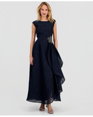 Tahari Crinkle Taffeta Beaded Flower Gown - Blue
