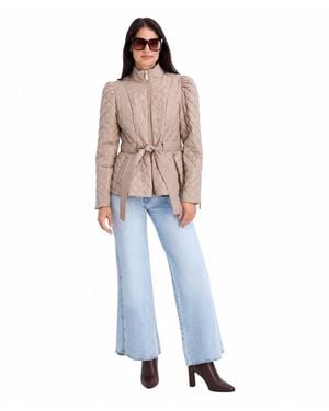 Kensie Quilted Peplum Jacket With Self-tie Waist And Stand Collar - Blue