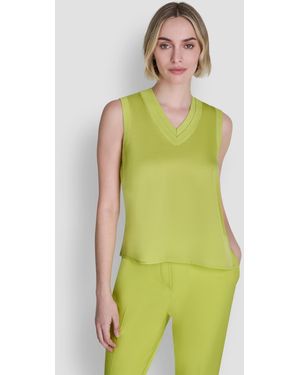 DKNY Mixed Media V-neck Sleeveless Sweater - Green