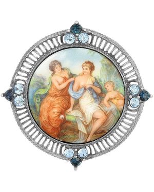 2028 Glass Crystal Round Cameo Brooch - White