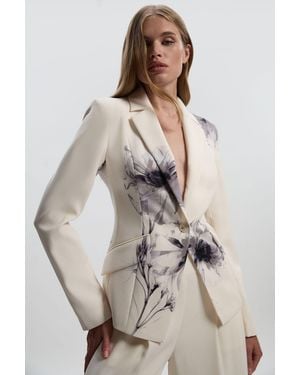 Karen Millen Floral Crepe Single Breasted Blazer - Natural