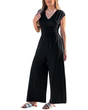 CUPSHE V-neck Smocked Waist Wide-leg Jumpsuit - Black