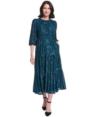 Jessica Howard Petite 3/4-sleeve Smocked Floral Midi Dress - Blue