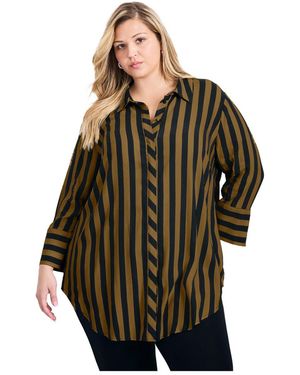 Avenue Plus Size Linear Longline Stripe Shirt - Brown