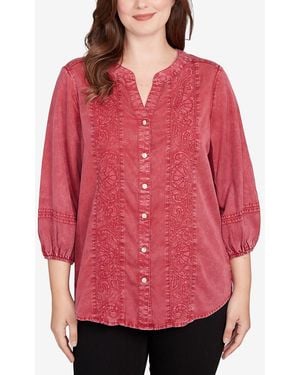 Ruby Rd. Petite Artisan Embroidered Button Front Top