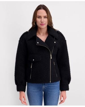 Kensie Short Boucle Asymmetrical Motorcycle Jacket - Black