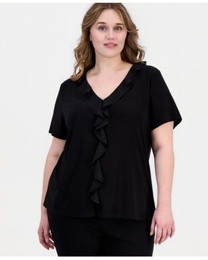 Anne Klein Essentials Plus Ruffle-trim V-neck Top - Black