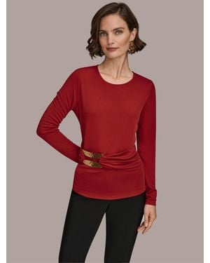 Donna Karan Long Sleeve Double Bar Hardware Top - Red