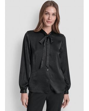 DKNY Crushed Satin Long Sleeve Blouse - Black