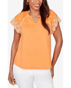 Ruby Rd. Petite Embroidered Sleeve Slub Knit T-shirt - Orange