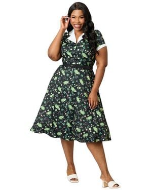 Unique Vintage Plus Size 1950s Cotton Alexis Short Sleeve Swing Dress - Green