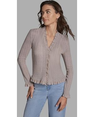 BCBGMAXAZRIA V-neck Ruffle Hem Cardigan Sweater - Gray