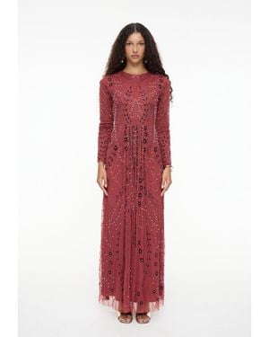 MARYISA Modest Embellished Sequin Beaded Dress Maxi With Designer Bottom - Red