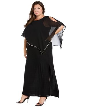 R & M Richards Plus Size Metallic Stripe Rhinestone Trim Poncho Dress - Black
