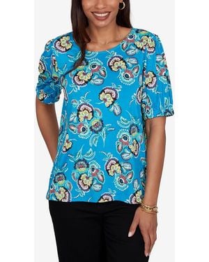 Ruby Rd. Petite Etched Floral Puff Print Blouse - Blue