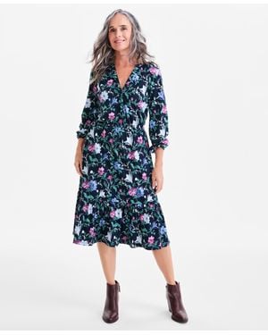 Style & Co. Floral Knit Ruffled-hem Midi Dress - Blue