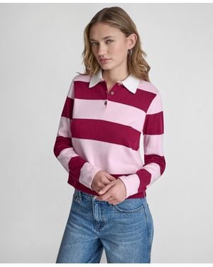DKNY Long-sleeve Logo Charm Multi-stripe Cotton Polo Sweater - Multicolor