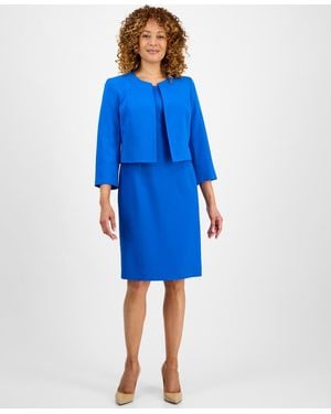 Le Suit Open-front Collarless Jacket And Sheath Dress Suit Set - Blue