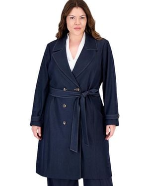 Tahari Plus Size Denim Double-breasted Long Trench - Blue