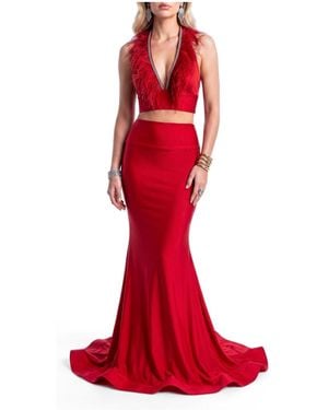 Jessica Angel Feather-trim Two-piece Mermaid Evening Gown - Red