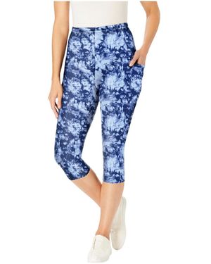 Woman Within Plus Size Within Stretch Cotton Printed Pocket Capri legging - Blue