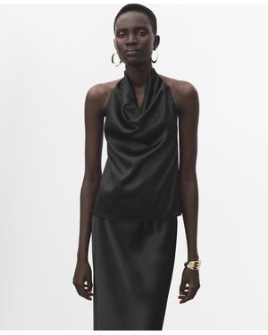 Mango Draped Neck Satin Top - Black