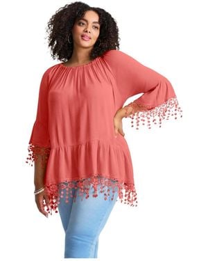 Avenue Crochet Fringe Trim Tunic - Red
