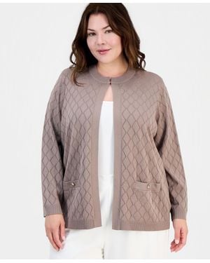 Kasper Plus Size Kiss-front Diamond Stitch Cardigan - Brown