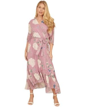 Yumi' Bird And Floral Print Midi Wrap Dress - Pink