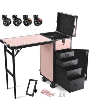 Byootique Rolling Cosmetic Case Nail Table Kit W/ 4 Pcs Replacement Wheels Pink - Black