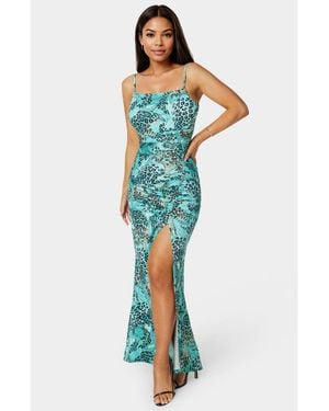 Bebe Ruched High Slit Solid Dress - Blue