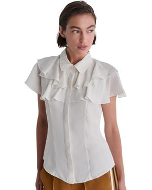 BCBGMAXAZRIA Button-front Tiered Ruffle Short-sleeve Blouse - White