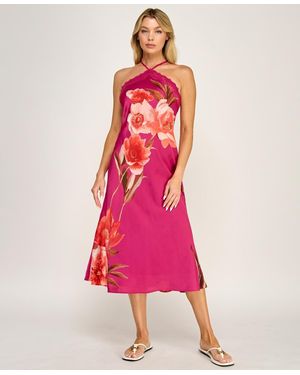 ROW A Printed Halter Neck Scallop Trim Midi Dress - Pink