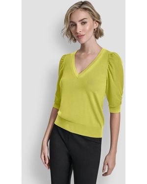 DKNY Puff-sleeve V-neck Sweater - Green