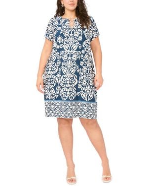 Msk Plus Size 3-ring Keyhole Neck Short-sleeve Dress - Blue