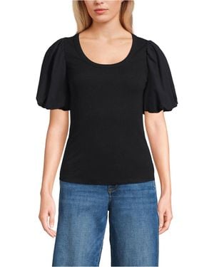 Lands' End Petite Drapey Rib Puff Sleeve Scoop Neck Top - Black