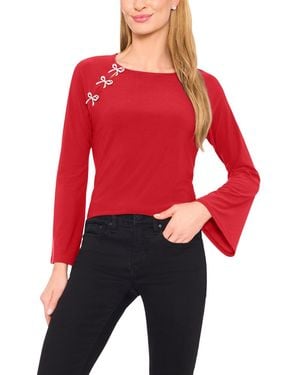 Cece Imitation Pearl Bow Long-sleeve Knit Top - Red